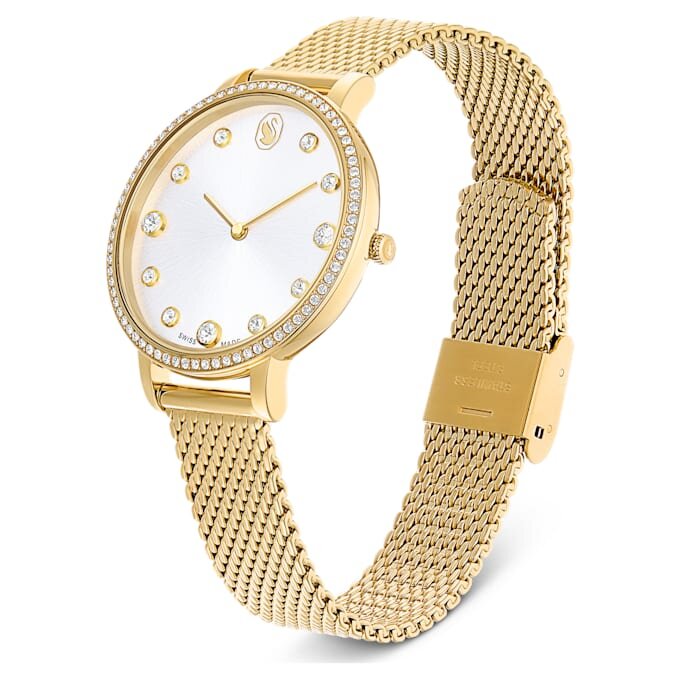 Clarica-klocka, tillverkad i Schweiz, metallarmband, guldfärgad, guldfärgad yta Clarica-klocka, tillverkad i Schweiz, metallarmband, guldfärgad, guldfärgad yta