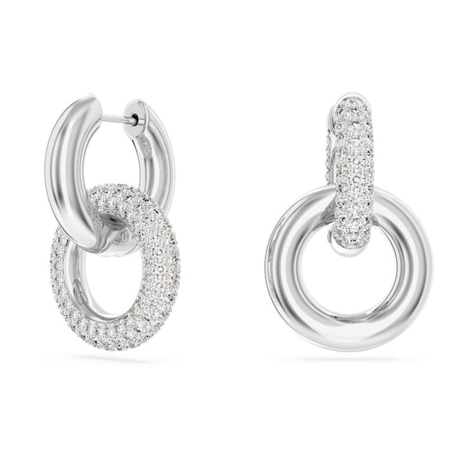 Dextera hoop-örhängen, asymmetrisk design, sammanlänkade ringar, vita, rodiumpläterade Dextera hoop-örhängen, asymmetrisk design, sammanlänkade ringar, vita, rodiumpläterade