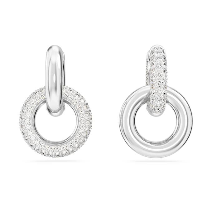 Dextera hoop-örhängen, asymmetrisk design, sammanlänkade ringar, vita, rodiumpläterade Dextera hoop-örhängen, asymmetrisk design, sammanlänkade ringar, vita, rodiumpläterade