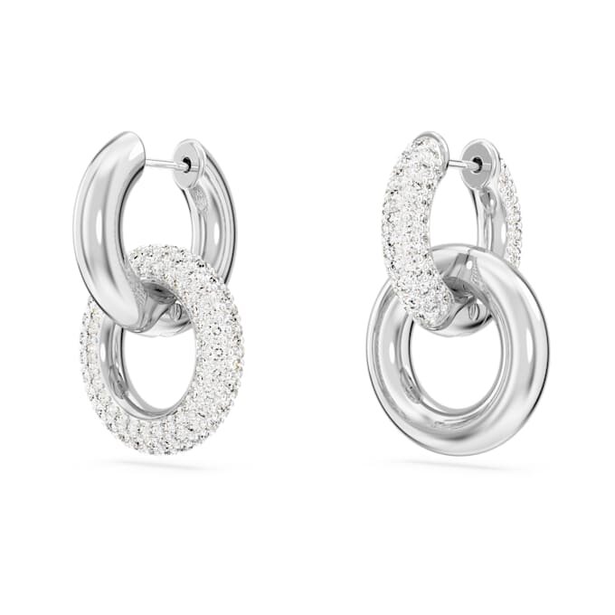 Dextera hoop-örhängen, asymmetrisk design, sammanlänkade ringar, vita, rodiumpläterade Dextera hoop-örhängen, asymmetrisk design, sammanlänkade ringar, vita, rodiumpläterade