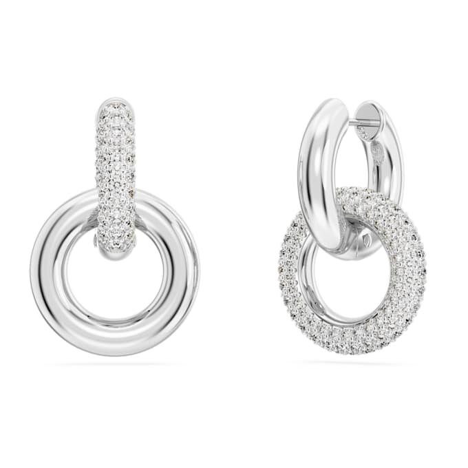 Dextera hoop-örhängen, asymmetrisk design, sammanlänkade ringar, vita, rodiumpläterade Dextera hoop-örhängen, asymmetrisk design, sammanlänkade ringar, vita, rodiumpläterade