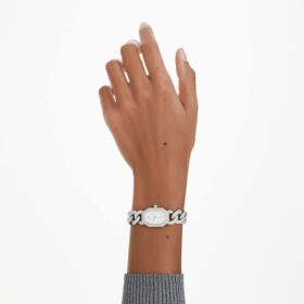 Dextera kedjeklocka, tillverkad i Schweiz, kristallarmband, silverfärgad, rostfritt stål