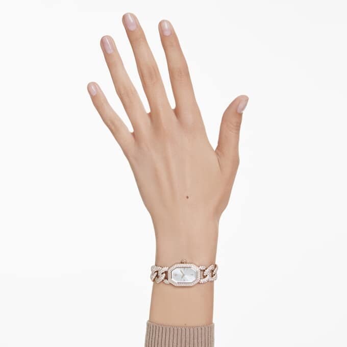 Dextera kedjeklocka, tillverkad i Schweiz, kristallarmband, vitt, champagneguldfärgad yta Dextera kedjeklocka, tillverkad i Schweiz, kristallarmband, vitt, champagneguldfärgad yta