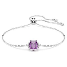 Födelsestenarmband med fyrkantig slipning, februari, lila, rodiumpläterat