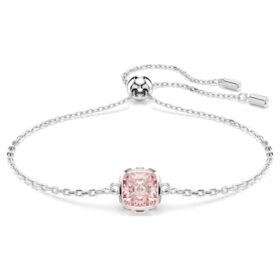 Födelsestenarmband med fyrkantig slipning, juni, rosa, rodiumpläterat