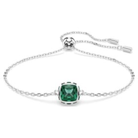 Födelsestenarmband med fyrkantig slipning, maj, grönt, rodiumpläterat