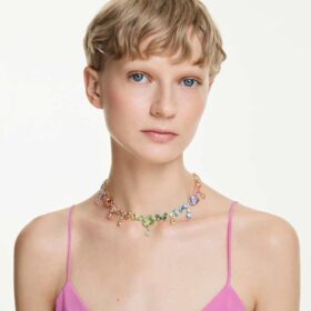 Gema-halsband med blandade slipningar, hängande kristaller, flerfärgat, guldpläterat