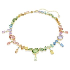 Gema-halsband med blandade slipningar, hängande kristaller, flerfärgat, guldpläterat