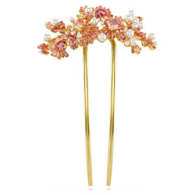 Gema hårspänne med kristallpärla, blandade slipningar, blomma, rosa, guldpläterat