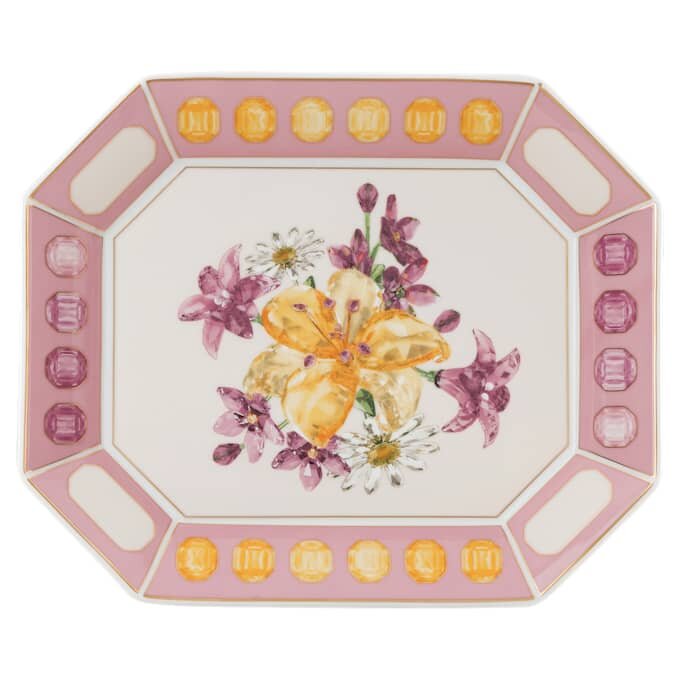 Idyllia-bricka i porslin, kristalltryck, blommor, stor, rosa Idyllia-bricka i porslin, kristalltryck, blommor, stor, rosa