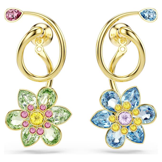 Idyllia droppörhängen, asymmetrisk design, blandade slipningar, blomma, flerfärgad, guldpläterad Idyllia droppörhängen, asymmetrisk design, blandade slipningar, blomma, flerfärgad, guldpläterad
