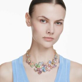 Idyllia-halsband med blandade slipningar, pavé, blomma, flerfärgat, guldpläterat