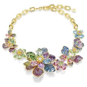 Idyllia-halsband med blandade slipningar, pavé, blomma, flerfärgat, guldpläterat