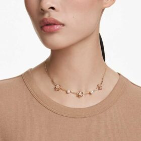 Idyllia-halsband med kristallpärlor, blandade slipningar, blommor, flerfärgat, guldpläterat