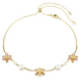 Idyllia-halsband med kristallpärlor, blandade slipningar, blommor, flerfärgat, guldpläterat