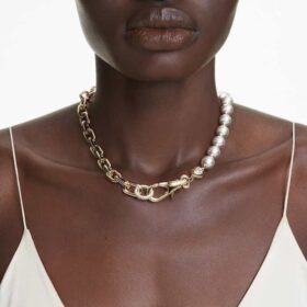 Idyllia-halsband med kristallpärlor, vitt, guldpläterat