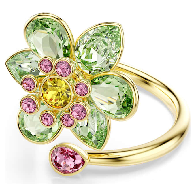 Idyllia öppen ring med blandade slipningar, blomma, grön, guldpläterad Idyllia öppen ring med blandade slipningar, blomma, grön, guldpläterad