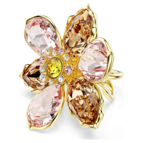Idyllia-ring med blandade slipningar, blommotiv, flerfärgad, guldpläterad