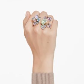 Idyllia-ring med blandade slipningar, pavé, blommotiv, flerfärgad, guldpläterad