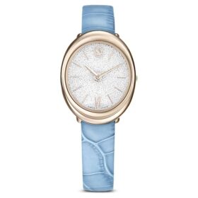Imber Oval-klocka, tillverkad i Schweiz, läderarmband, blå, champagneguldfärgad yta