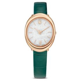 Imber Oval-klocka, tillverkad i Schweiz, läderarmband, grön, roséguldfärgad yta