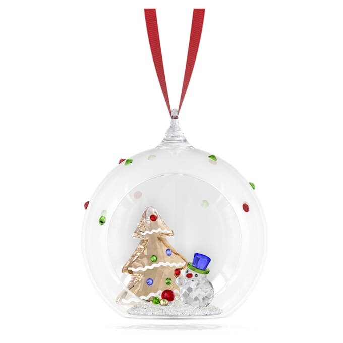 Julgransprydnad med julstämning, träd och snögubbe Julgransprydnad med julstämning, träd och snögubbe