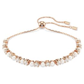 Matrix-armband med kristallpärlor, runda slipningar, vita, roséguldpläterat