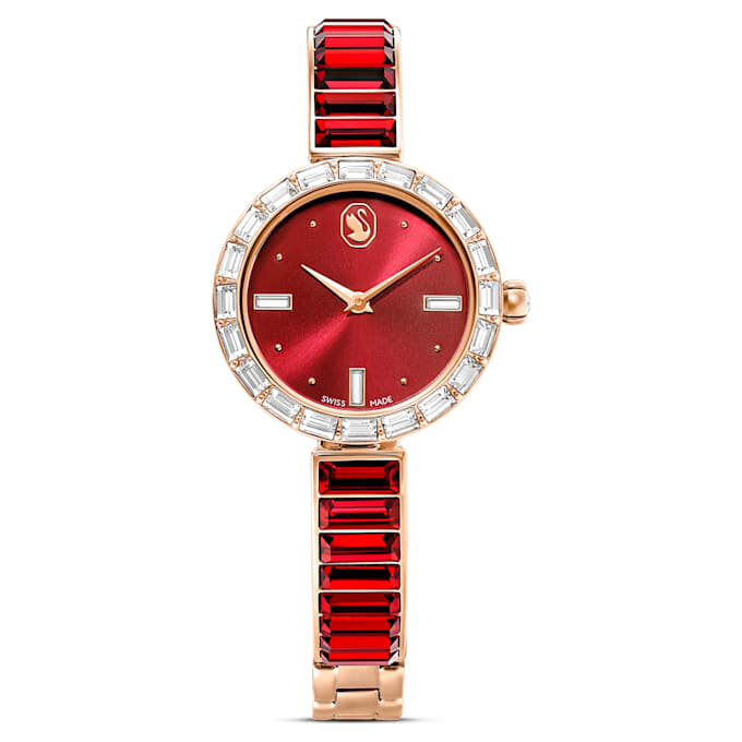 Matrix armbandsur, tillverkat i Schweiz, kristallarmband, rött, roséguldfärgad yta Matrix armbandsur, tillverkat i Schweiz, kristallarmband, rött, roséguldfärgad yta