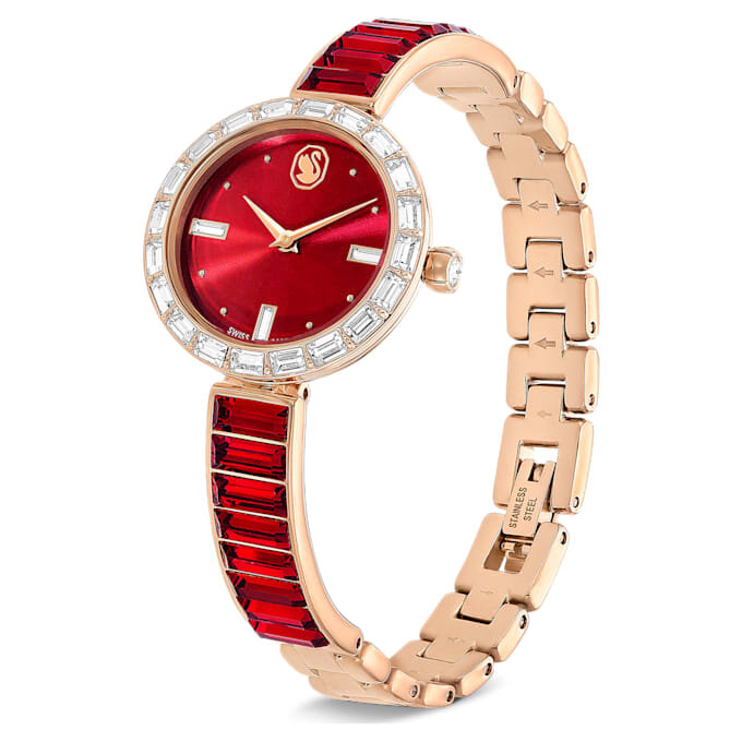 Matrix armbandsur, tillverkat i Schweiz, kristallarmband, rött, roséguldfärgad yta Matrix armbandsur, tillverkat i Schweiz, kristallarmband, rött, roséguldfärgad yta