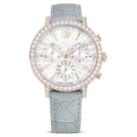 Matrix Tennis Chrono-klocka, tillverkad i Schweiz, läderarmband, grå, champagneguldfärgad yta