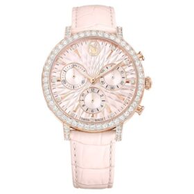 Matrix Tennis Chrono-klocka, tillverkad i Schweiz, läderarmband, rosa, roséguldtonad yta