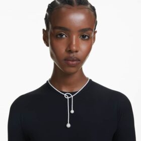 Matrix Y-halsband med kristallpärlor, rundslipade, vita, rodiumpläterade