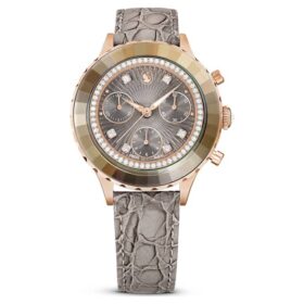 Octea Chrono-klocka, tillverkad i Schweiz, läderarmband, grå, roséguldfärgad yta