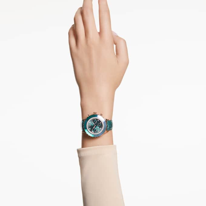Octea Chrono-klocka, tillverkad i Schweiz, läderarmband, grönt, roséguldfärgad yta Octea Chrono-klocka, tillverkad i Schweiz, läderarmband, grönt, roséguldfärgad yta