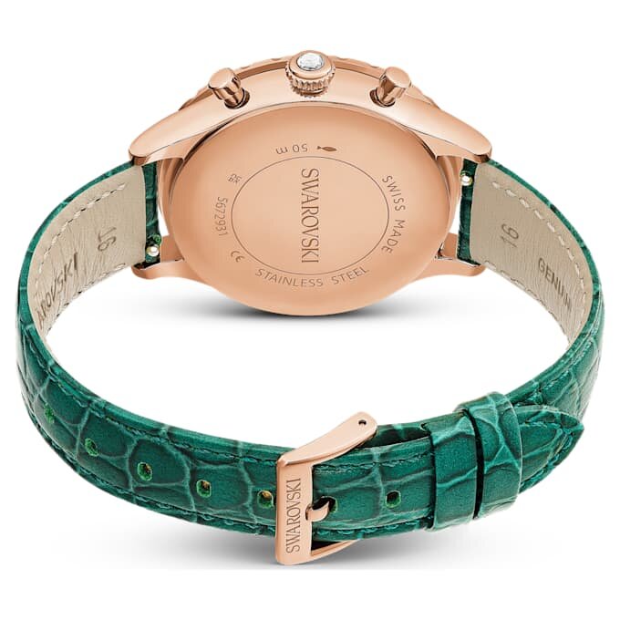 Octea Chrono-klocka, tillverkad i Schweiz, läderarmband, grönt, roséguldfärgad yta Octea Chrono-klocka, tillverkad i Schweiz, läderarmband, grönt, roséguldfärgad yta