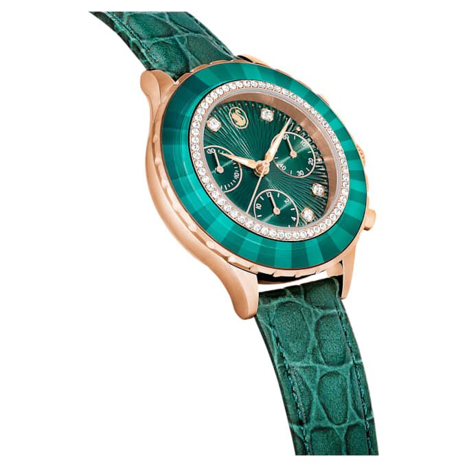 Octea Chrono-klocka, tillverkad i Schweiz, läderarmband, grönt, roséguldfärgad yta Octea Chrono-klocka, tillverkad i Schweiz, läderarmband, grönt, roséguldfärgad yta