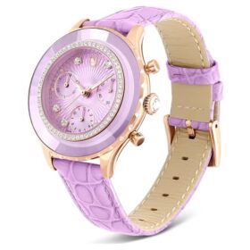 Octea Chrono-klocka, tillverkad i Schweiz, läderarmband, lila, roséguldfärgad yta