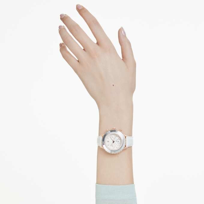 Octea Chrono-klocka, tillverkad i Schweiz, läderarmband, vit, roséguldtonad yta Octea Chrono-klocka, tillverkad i Schweiz, läderarmband, vit, roséguldtonad yta
