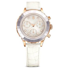 Octea Chrono-klocka, tillverkad i Schweiz, läderarmband, vit, roséguldtonad yta