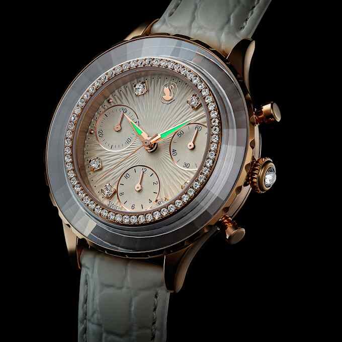 Octea Chrono-klocka, tillverkad i Schweiz, läderarmband, vit, roséguldtonad yta Octea Chrono-klocka, tillverkad i Schweiz, läderarmband, vit, roséguldtonad yta