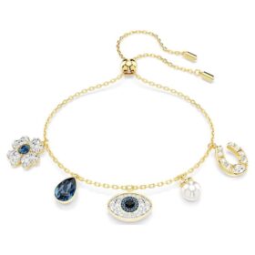 Symbolica-armband med kristallpärla, klöver, onda ögat och hästsko, blått, guldpläterat