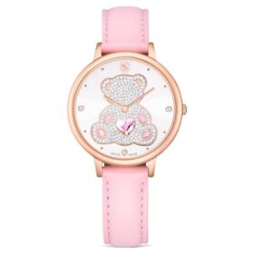 Teddy-klocka, tillverkad i Schweiz, läderarmband, rosa, roséguldtonad yta